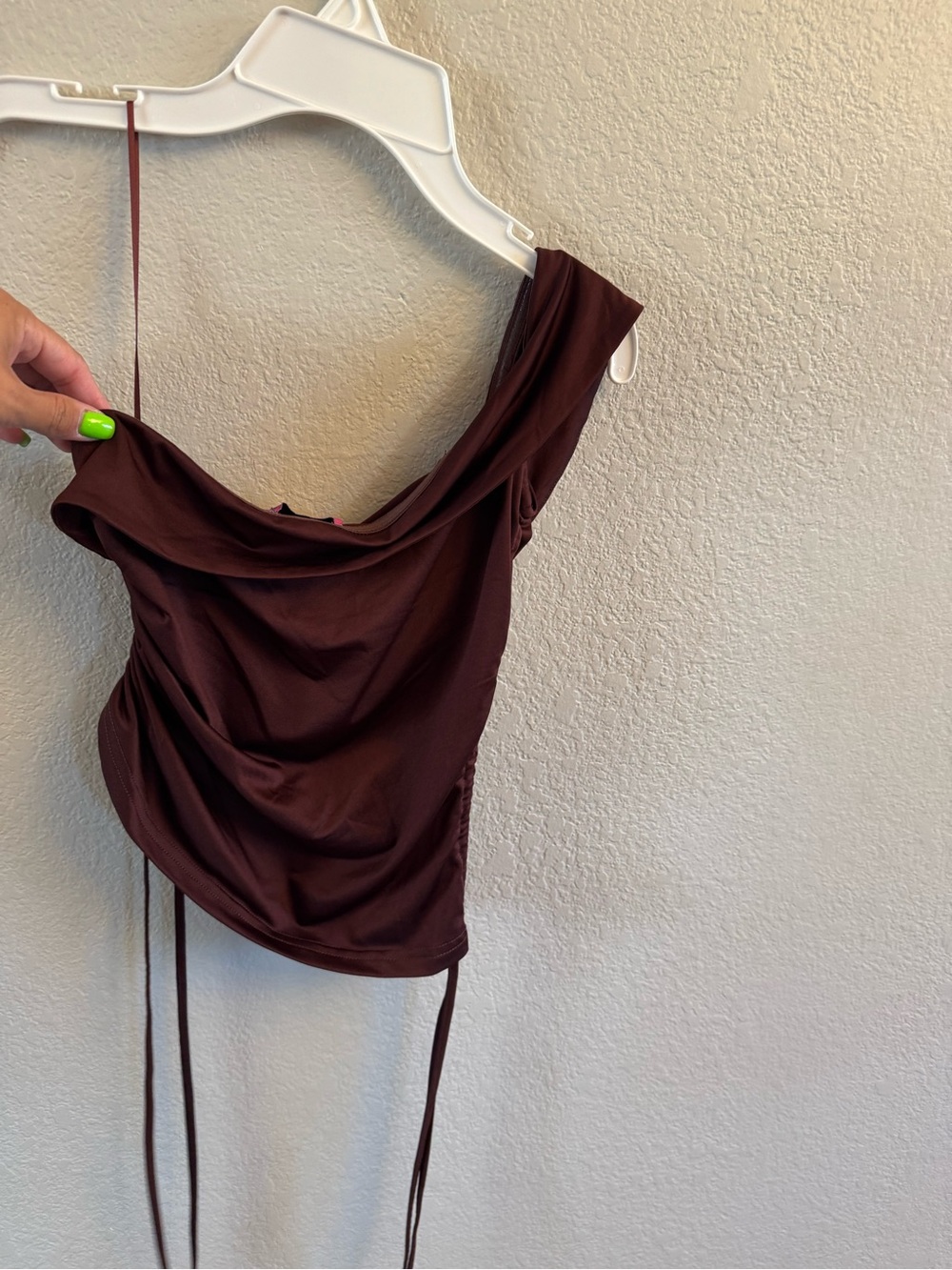 Edikted Burgundy/Brown One-Shoulder Ruched Crop Top - Size S